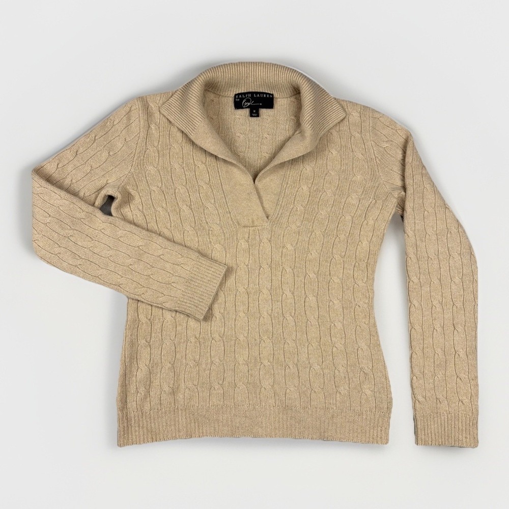Ralph Lauren Sweater Womens M Tan 100% Cashmere Cable Knit V-Neck Pullover Oprah